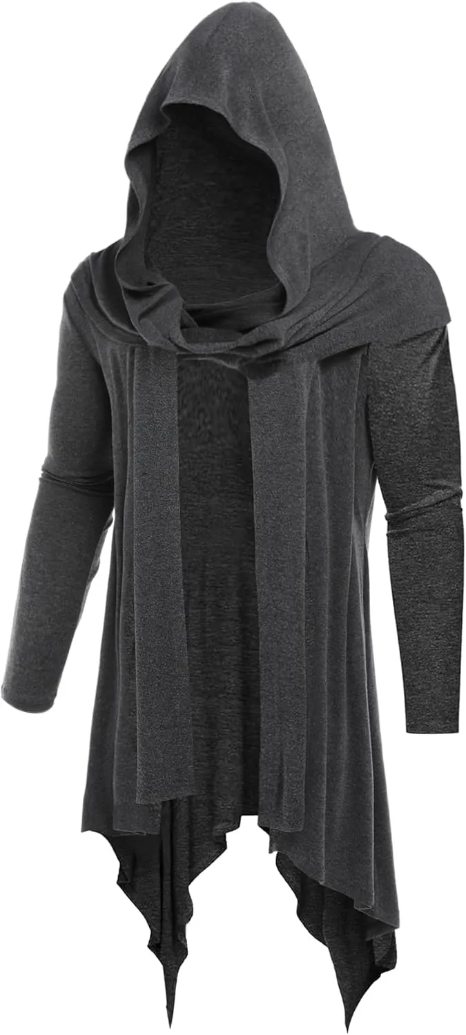 Men's Long Hooded Cardigan Ruffle Shawl Collar Open Front Lightweight Drape Cape with Pockets