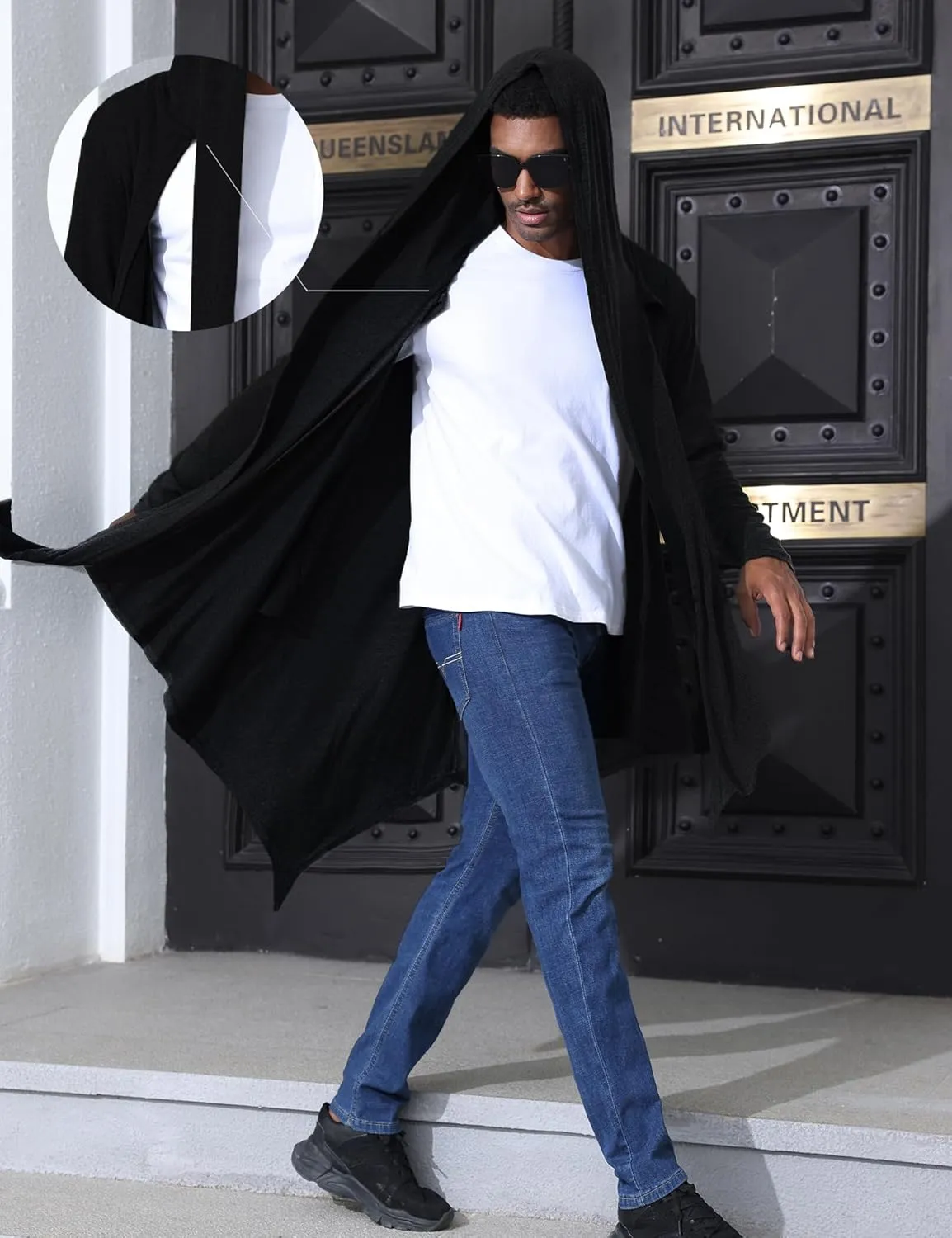 Men's Long Hooded Cardigan Ruffle Shawl Collar Open Front Lightweight Drape Cape with Pockets