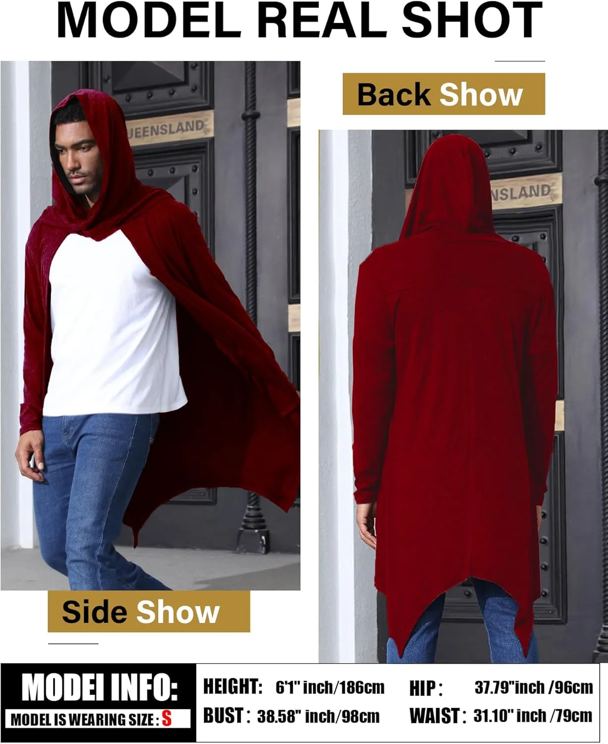 Men's Long Hooded Cardigan Ruffle Shawl Collar Open Front Lightweight Drape Cape with Pockets