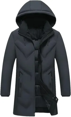 Men's Long Parkas Coat Solid Slim Fit Warm Thicken Jacket Windproof Hooded Cotton-Padded Zipper Windbreaker