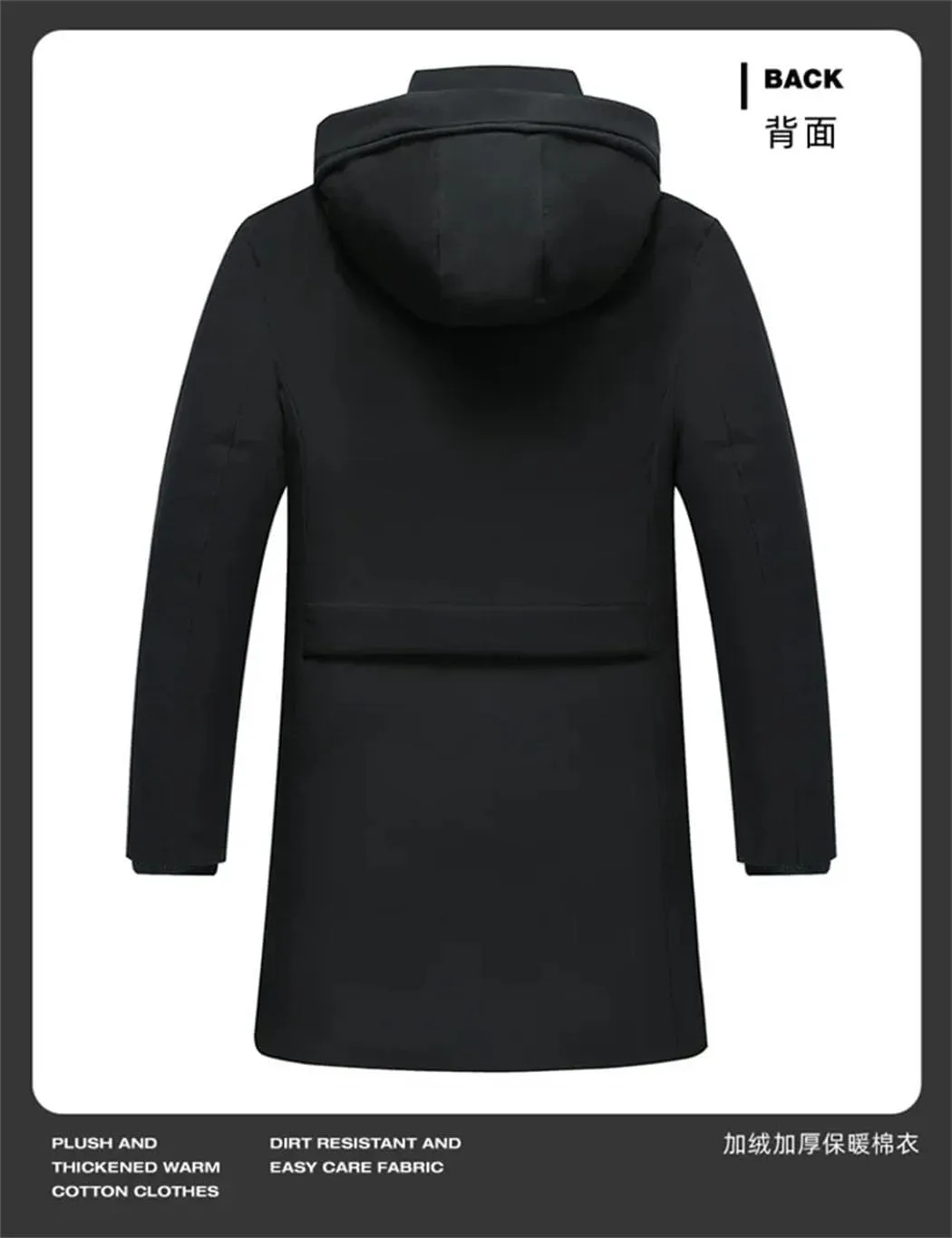 Men's Long Parkas Coat Solid Slim Fit Warm Thicken Jacket Windproof Hooded Cotton-Padded Zipper Windbreaker