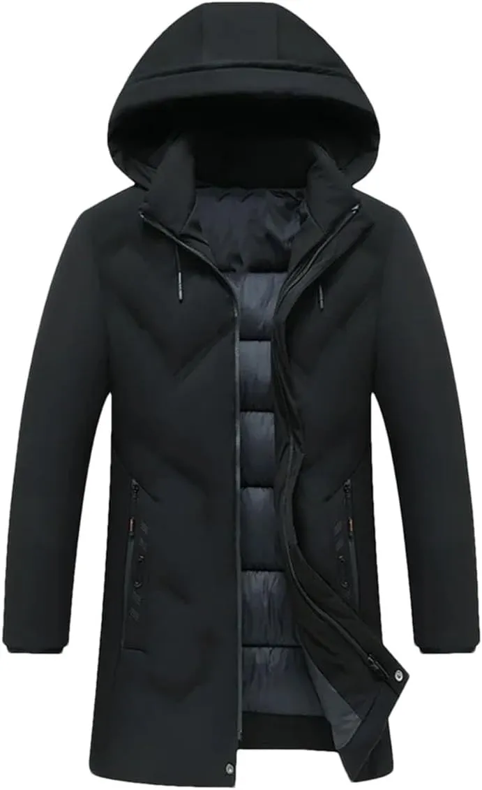 Men's Long Parkas Coat Solid Slim Fit Warm Thicken Jacket Windproof Hooded Cotton-Padded Zipper Windbreaker