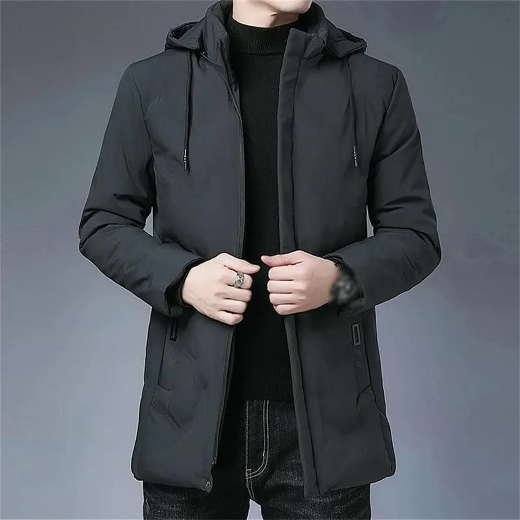 Men's Long Parkas Coat Solid Slim Fit Warm Thicken Jacket Windproof Hooded Cotton-Padded Zipper Windbreaker