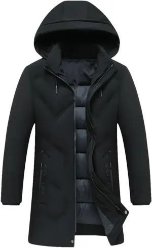 Men's Long Parkas Coat Solid Slim Fit Warm Thicken Jacket Windproof Hooded Cotton-Padded Zipper Windbreaker