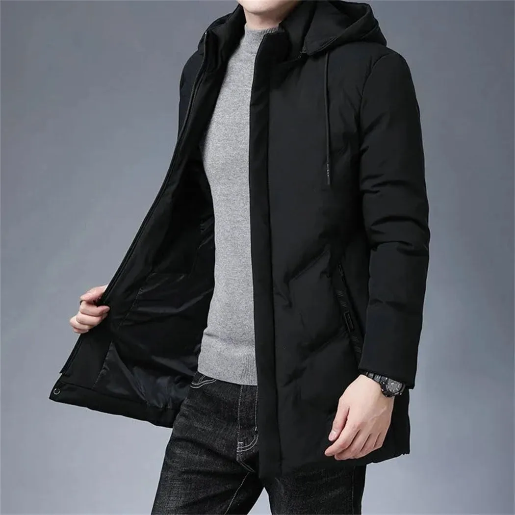 Men's Long Parkas Coat Solid Slim Fit Warm Thicken Jacket Windproof Hooded Cotton-Padded Zipper Windbreaker