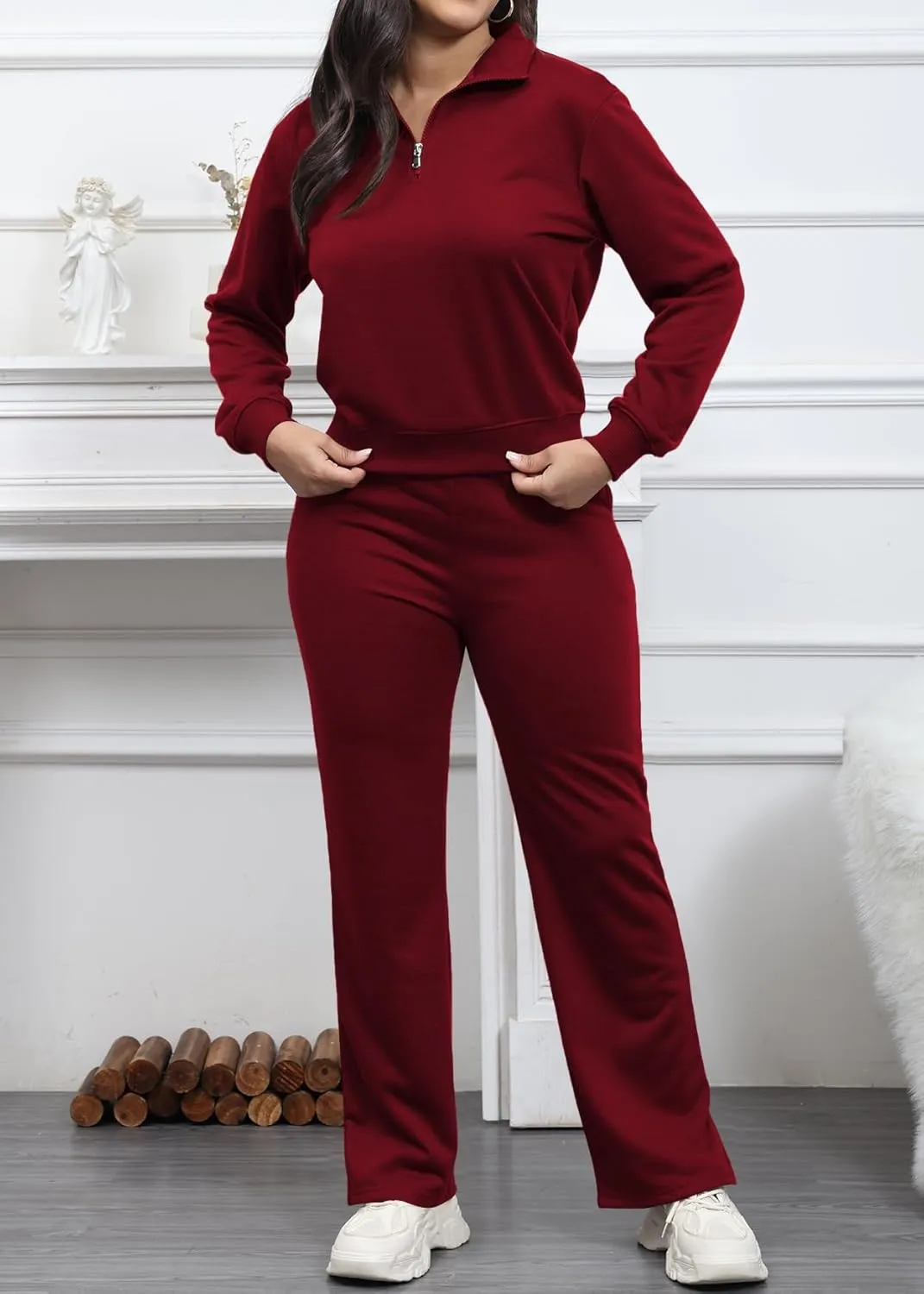 MOEENCN Women 2 Piece Outfits Sweatsuit Oversized Half Zip Sweatshirt Wide Leg Sweatpant Casual Lounge Matching Set Tracksuit