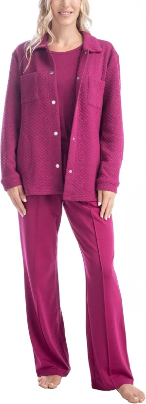 MUK LUKS Quilted Shacket 3 Piece Lounge Set, Long Sleeve T-Shirt, Pajama Pants with Pockets, Matching Jacket