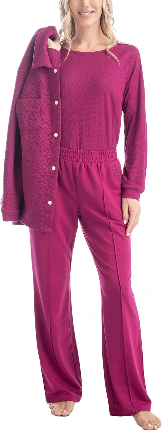 MUK LUKS Quilted Shacket 3 Piece Lounge Set, Long Sleeve T-Shirt, Pajama Pants with Pockets, Matching Jacket