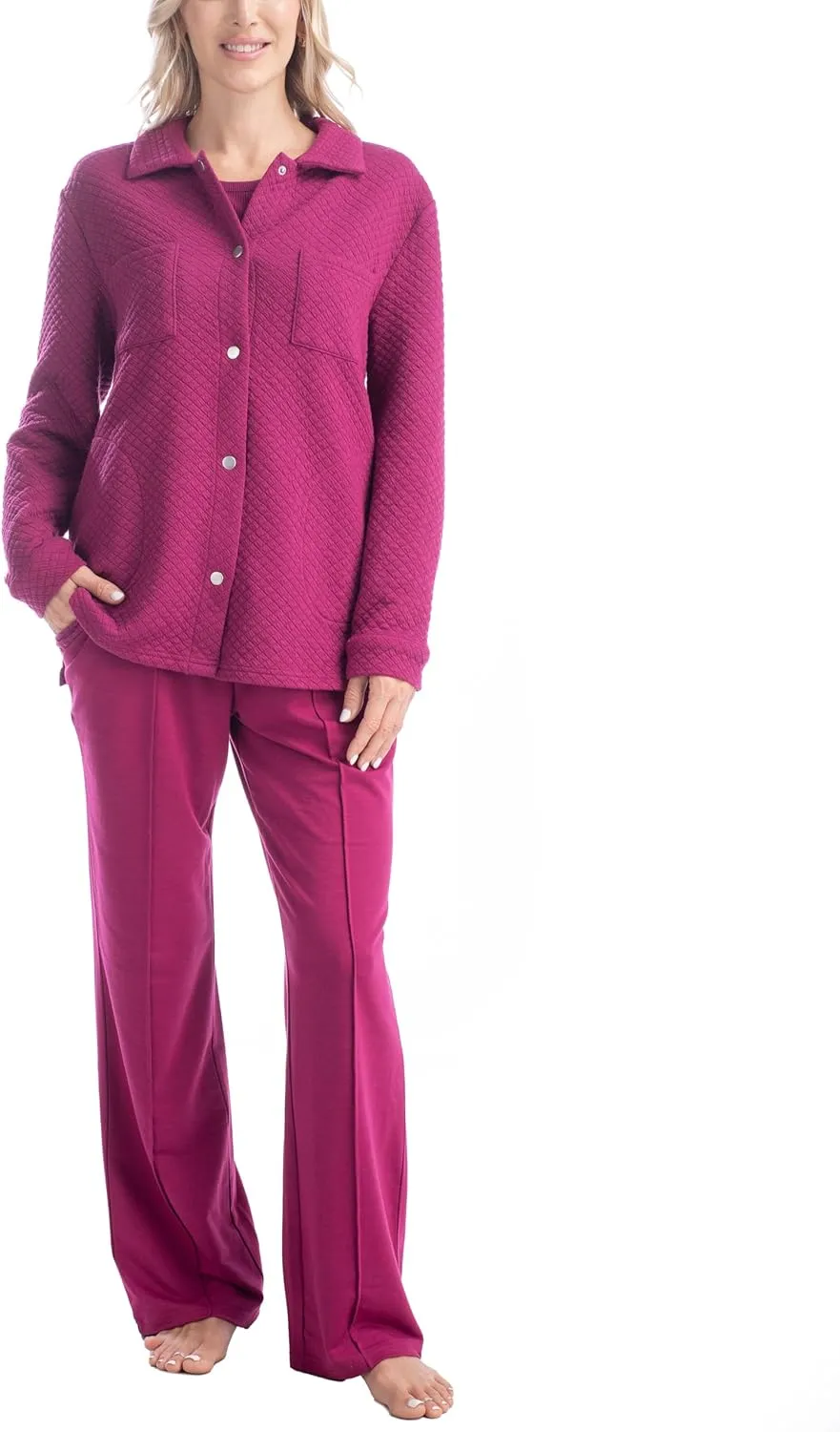 MUK LUKS Quilted Shacket 3 Piece Lounge Set, Long Sleeve T-Shirt, Pajama Pants with Pockets, Matching Jacket