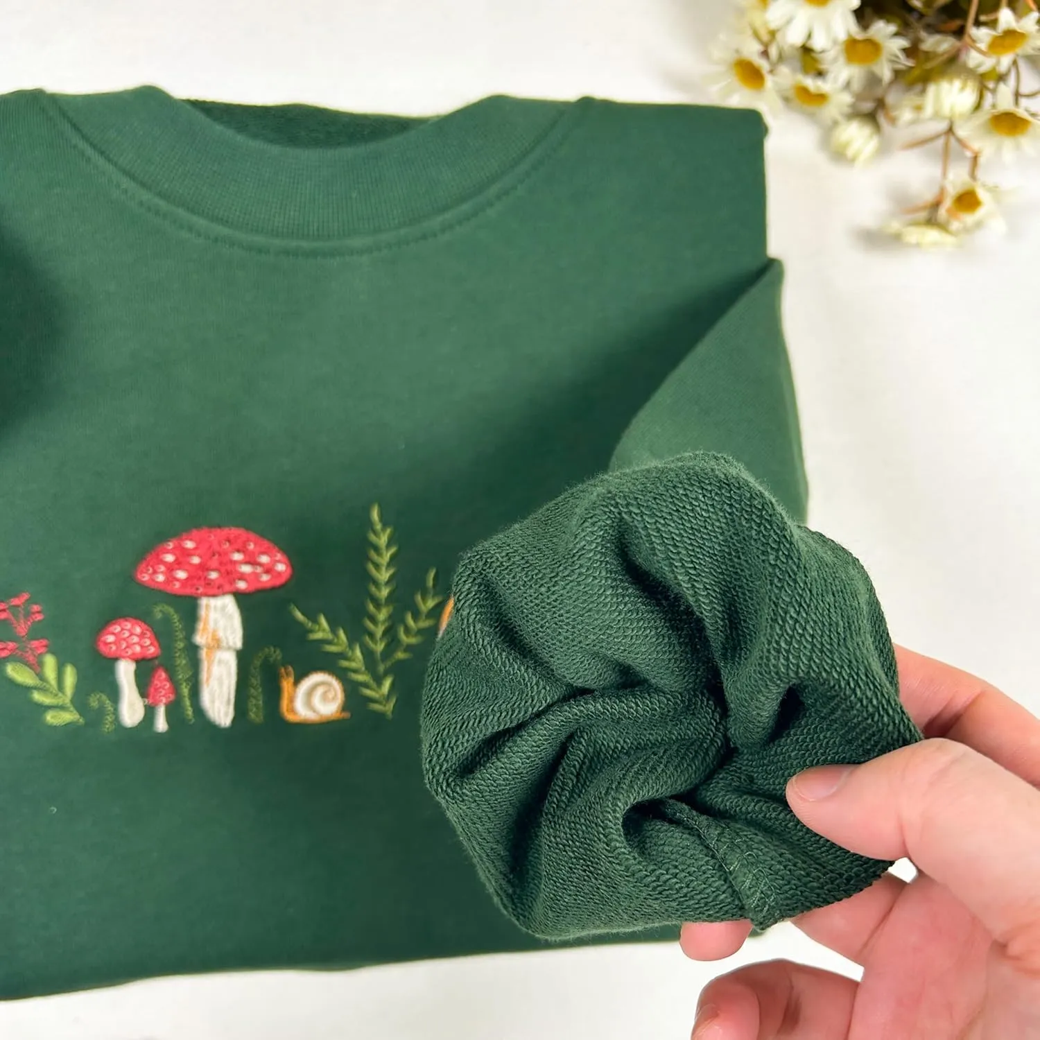 Mushrooms Embroidered Oversized Sweatshirt for Women - Soft French Terry Cotton Crew Neck Sweater