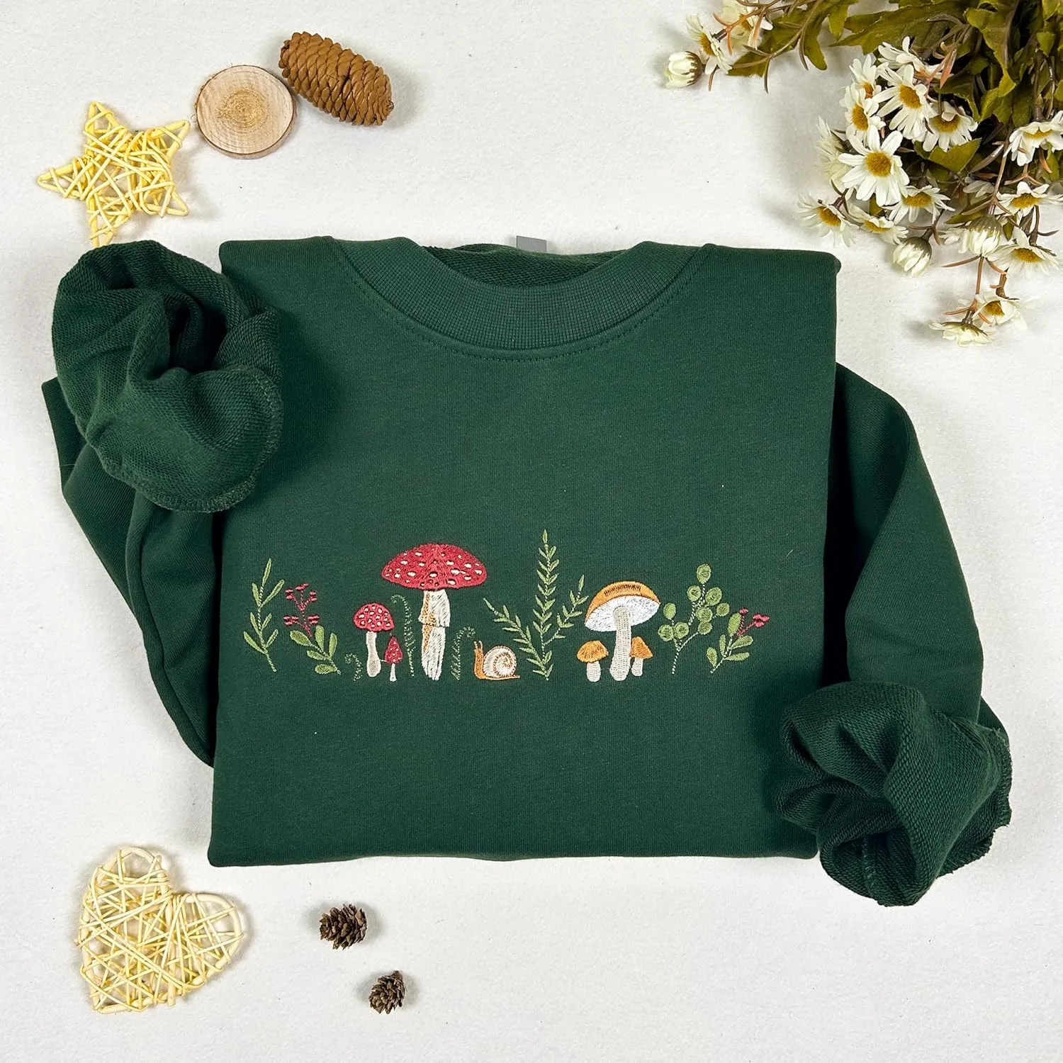 Mushrooms Embroidered Oversized Sweatshirt for Women - Soft French Terry Cotton Crew Neck Sweater