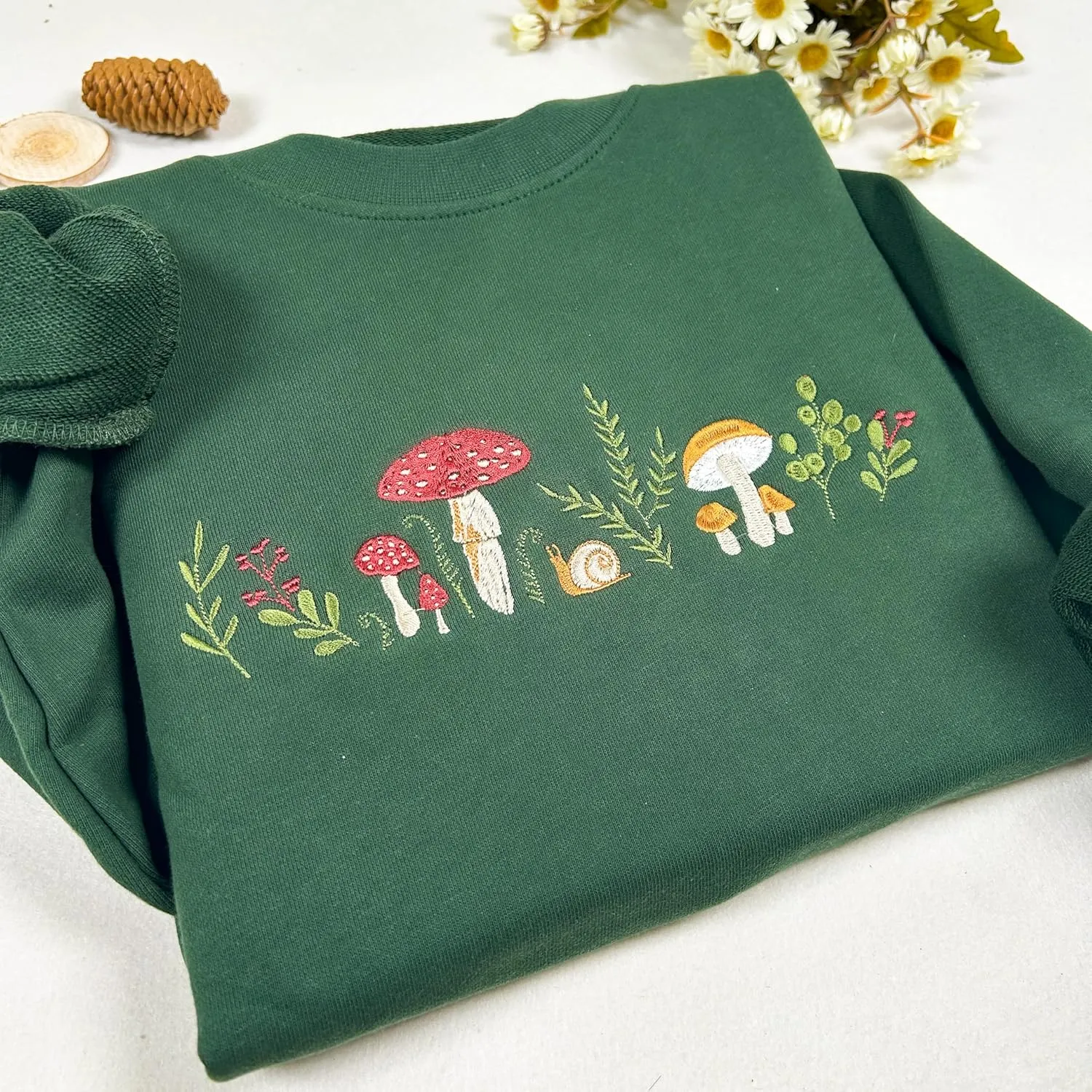 Mushrooms Embroidered Oversized Sweatshirt for Women - Soft French Terry Cotton Crew Neck Sweater