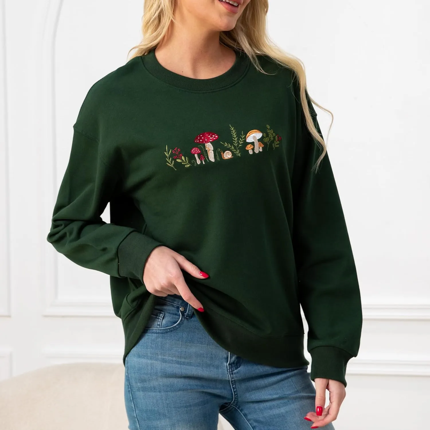 Mushrooms Embroidered Oversized Sweatshirt for Women - Soft French Terry Cotton Crew Neck Sweater
