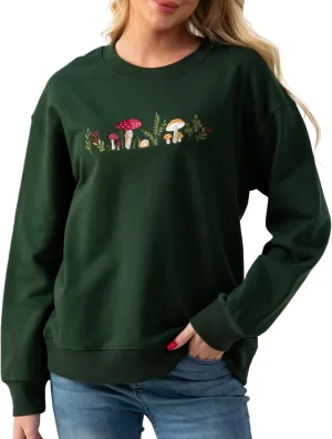 Mushrooms Embroidered Oversized Sweatshirt for Women - Soft French Terry Cotton Crew Neck Sweater