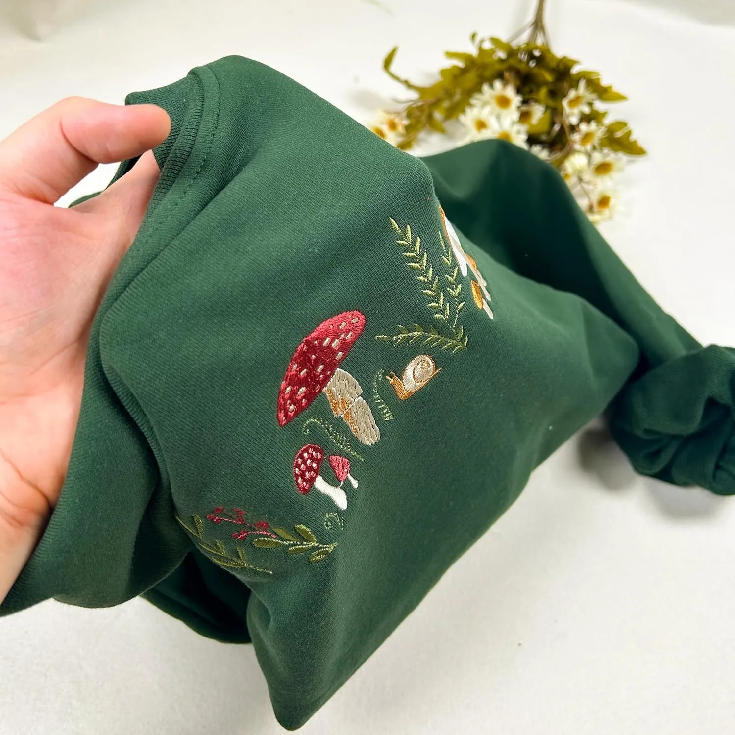 Mushrooms Embroidered Oversized Sweatshirt for Women - Soft French Terry Cotton Crew Neck Sweater