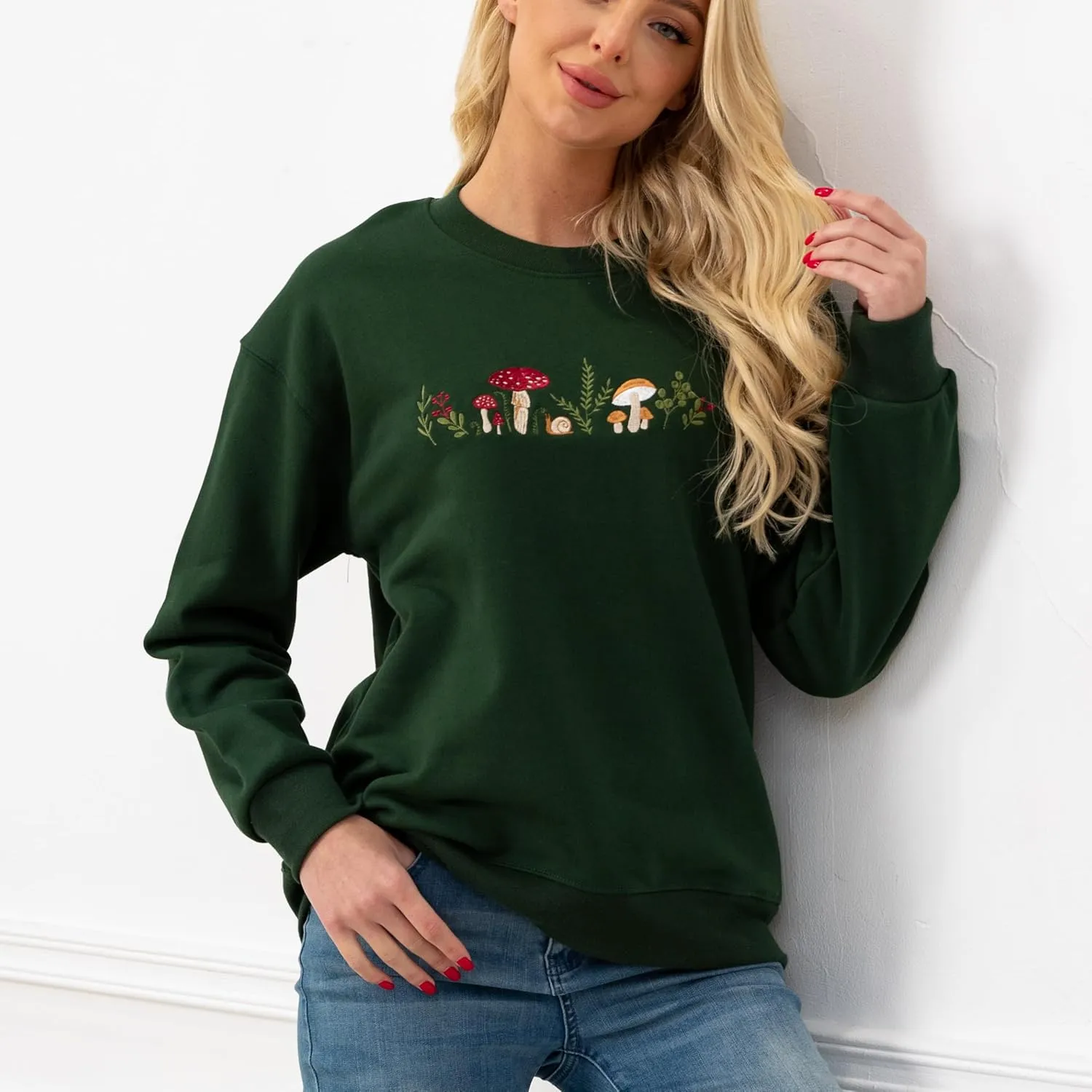Mushrooms Embroidered Oversized Sweatshirt for Women - Soft French Terry Cotton Crew Neck Sweater