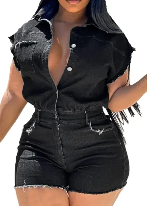 Nihsatin Women's Black Denim Washed Distressed Romper Button Down Jeans Playsuits
