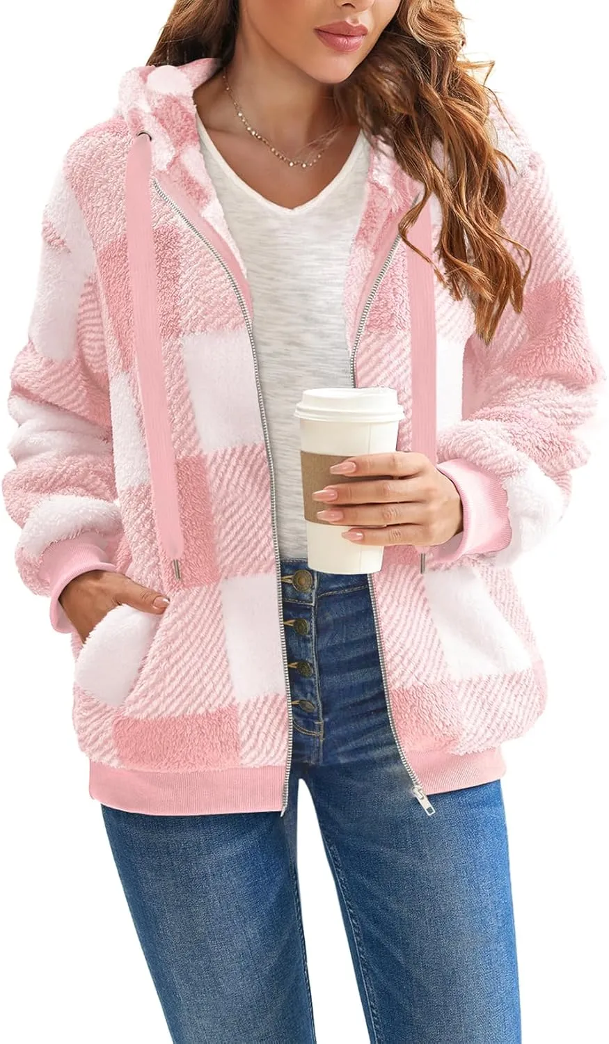 Nirovien Womens Sherpa Jacket Fuzzy Zip Up Hoodie Oversized Fleece Jackets Fluffy Coat with Pockets