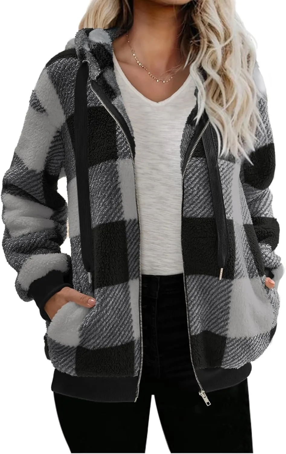 Nirovien Womens Sherpa Jacket Fuzzy Zip Up Hoodie Oversized Fleece Jackets Fluffy Coat with Pockets