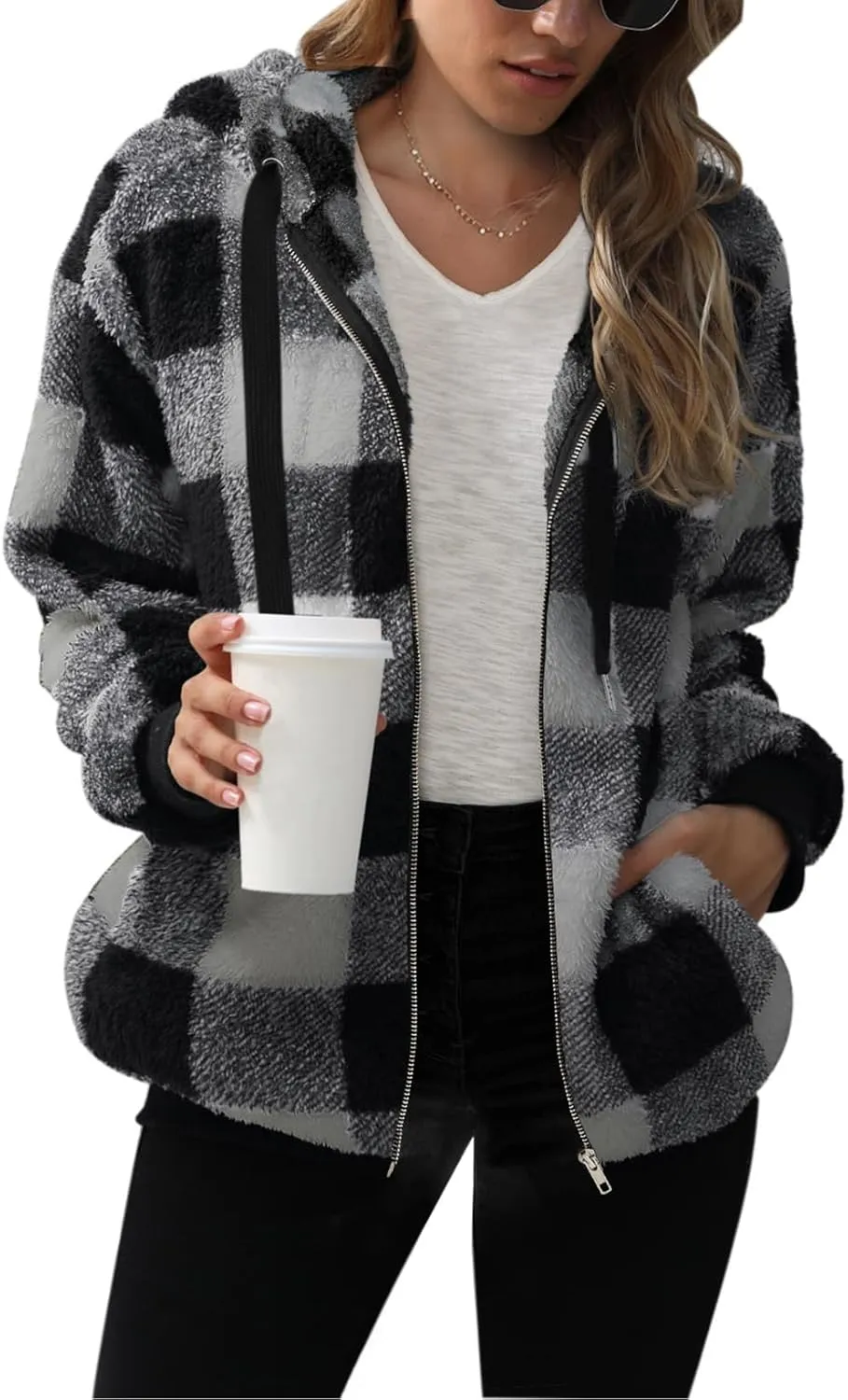 Nirovien Womens Sherpa Jacket Fuzzy Zip Up Hoodie Oversized Fleece Jackets Fluffy Coat with Pockets