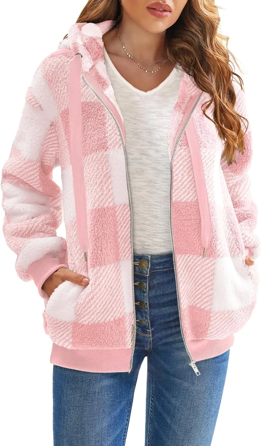Nirovien Womens Sherpa Jacket Fuzzy Zip Up Hoodie Oversized Fleece Jackets Fluffy Coat with Pockets