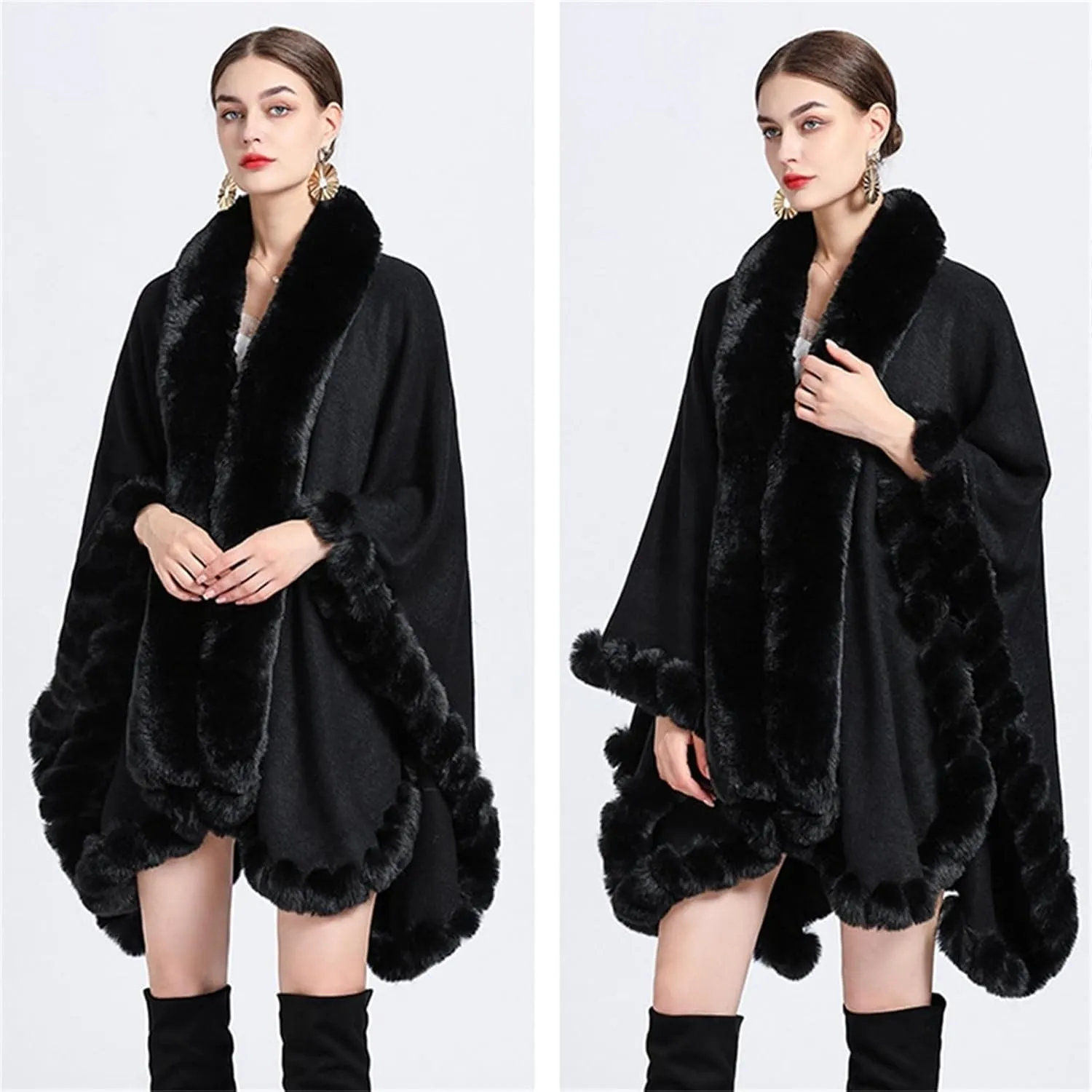 Obosoyo Wrap Cape Women Faux Fur Collar Shawl Knit Poncho Cloak Cardigan Coat Evening Dress