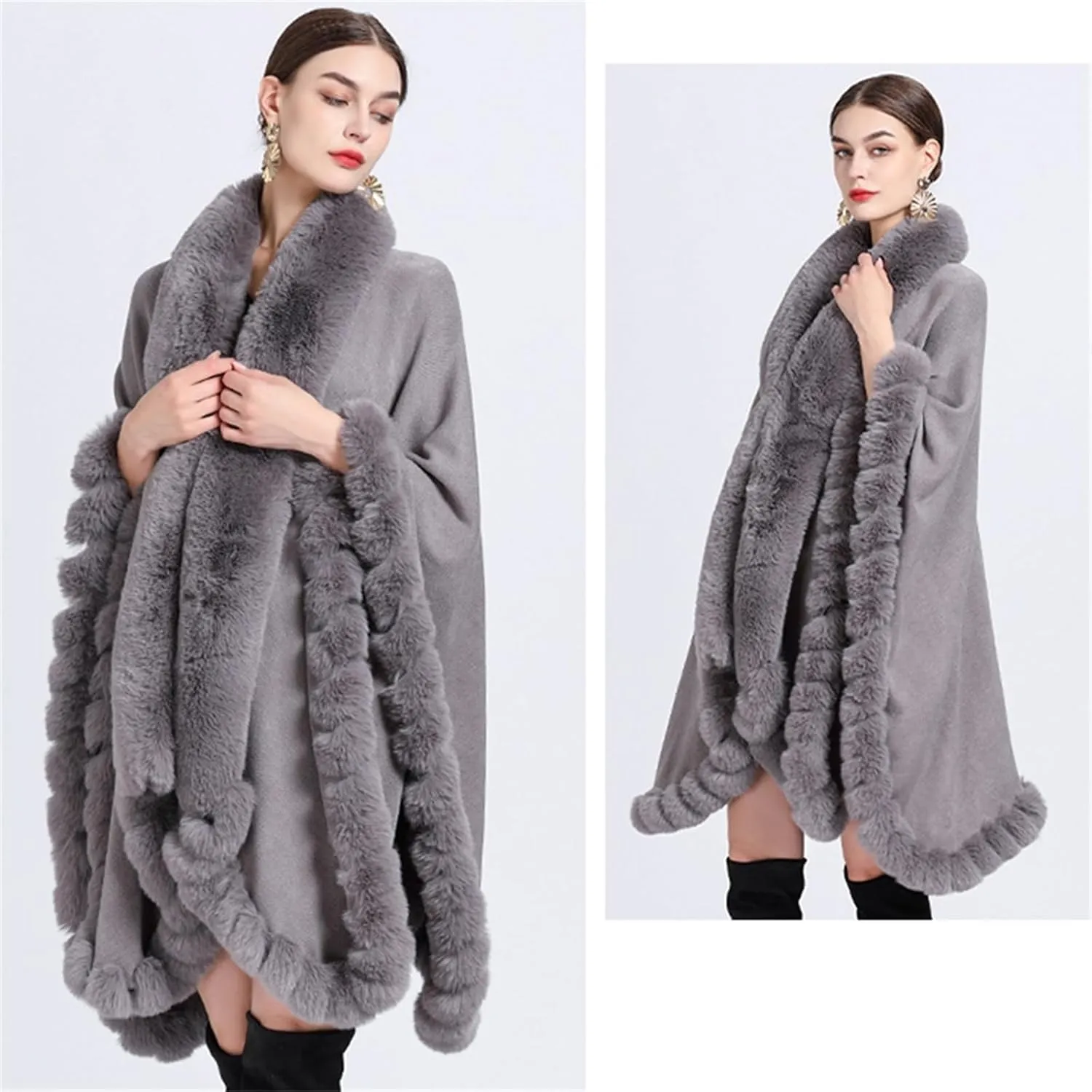 Obosoyo Wrap Cape Women Faux Fur Collar Shawl Knit Poncho Cloak Cardigan Coat Evening Dress