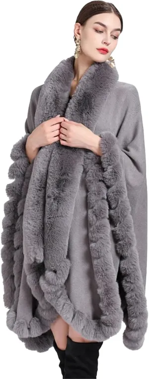 Obosoyo Wrap Cape Women Faux Fur Collar Shawl Knit Poncho Cloak Cardigan Coat Evening Dress