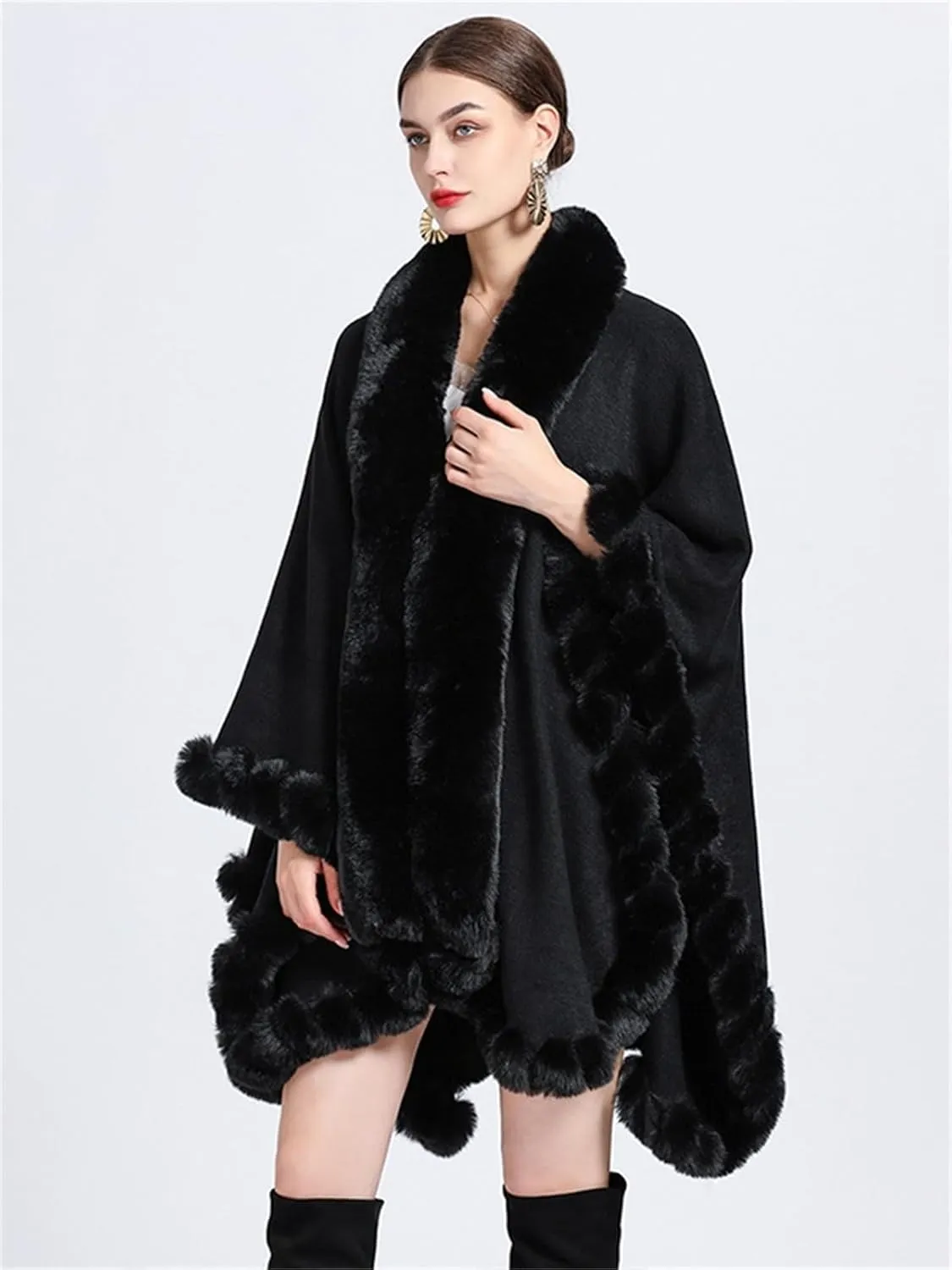 Obosoyo Wrap Cape Women Faux Fur Collar Shawl Knit Poncho Cloak Cardigan Coat Evening Dress