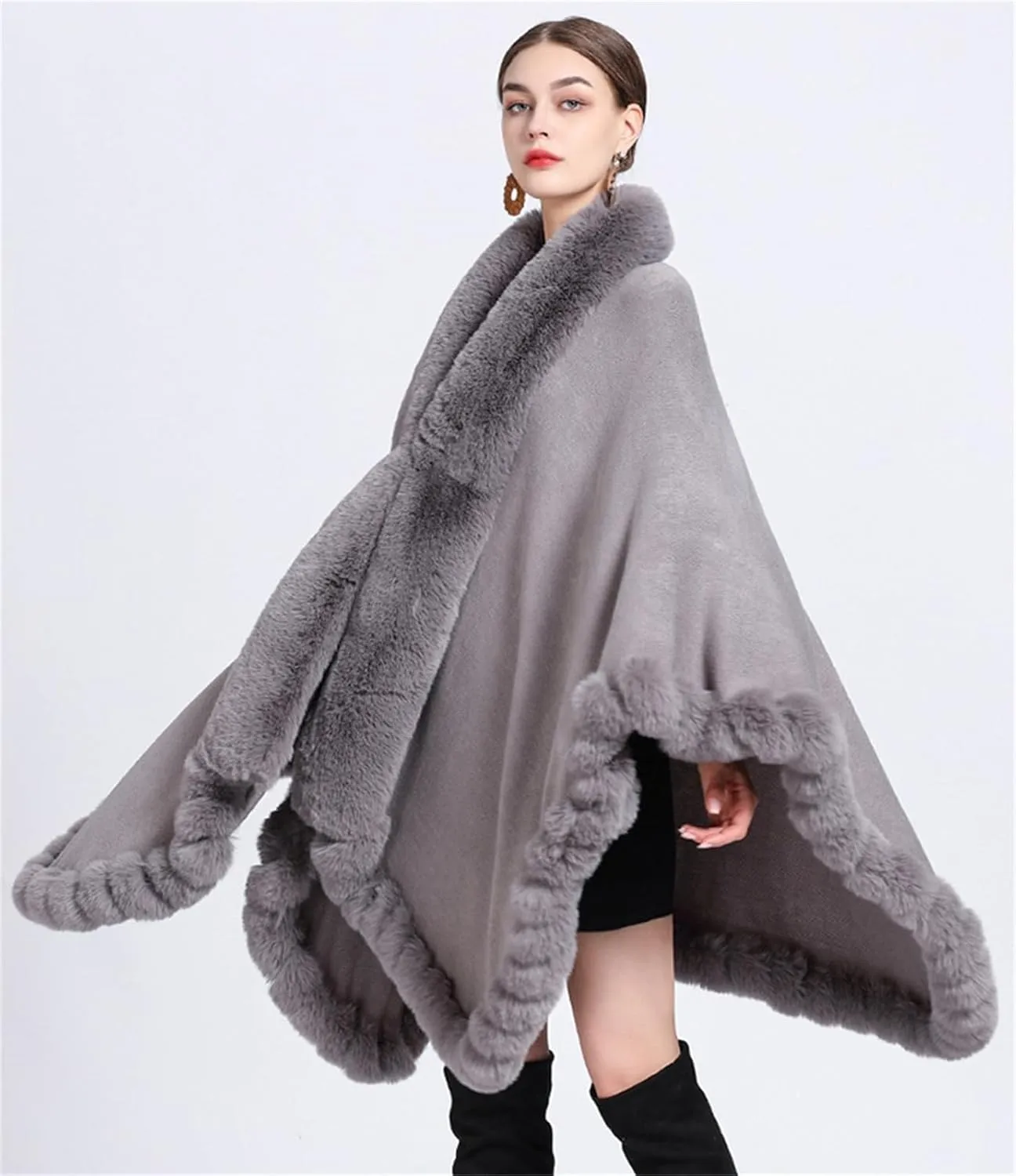 Obosoyo Wrap Cape Women Faux Fur Collar Shawl Knit Poncho Cloak Cardigan Coat Evening Dress