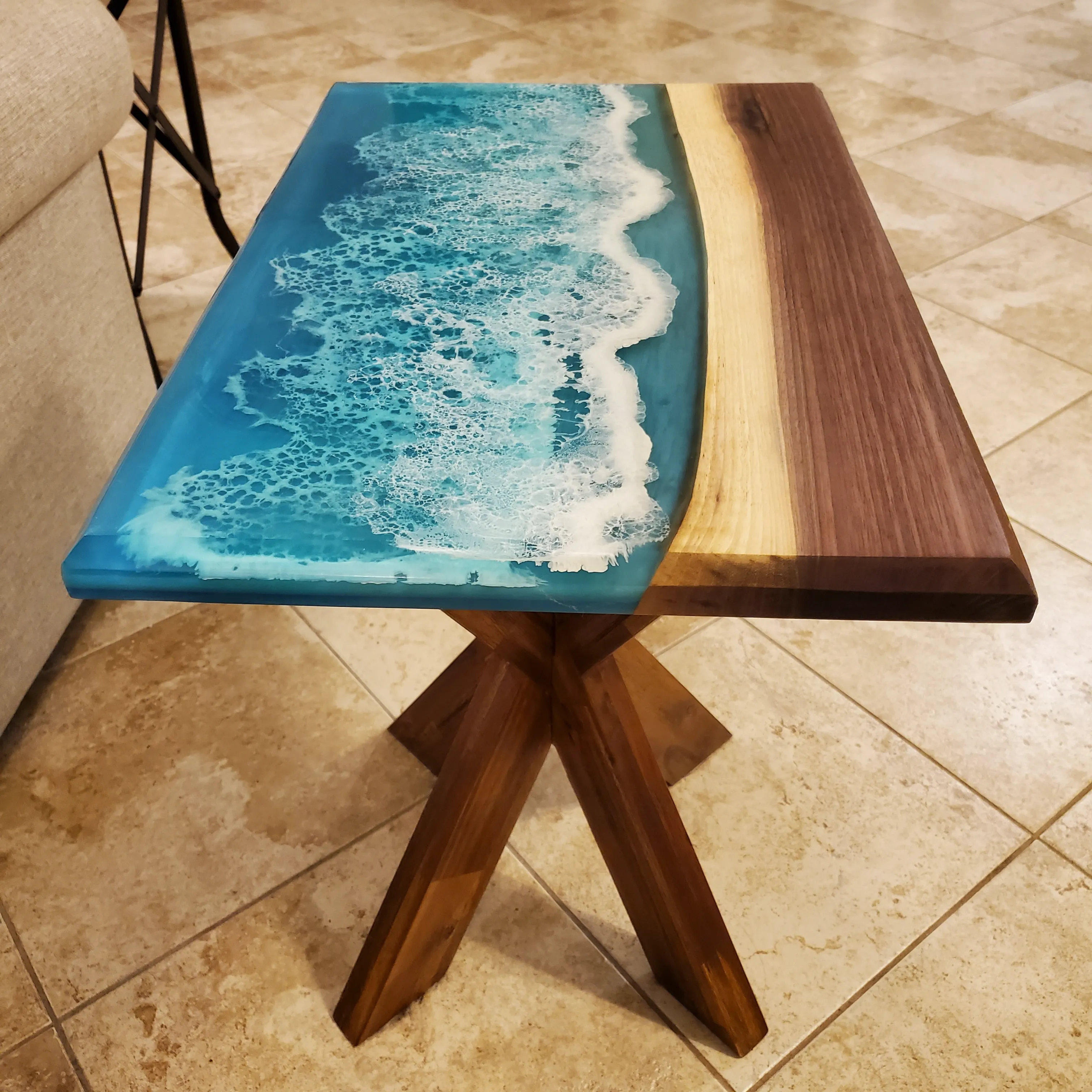 Ocean Wave Walnut Resin Side Table