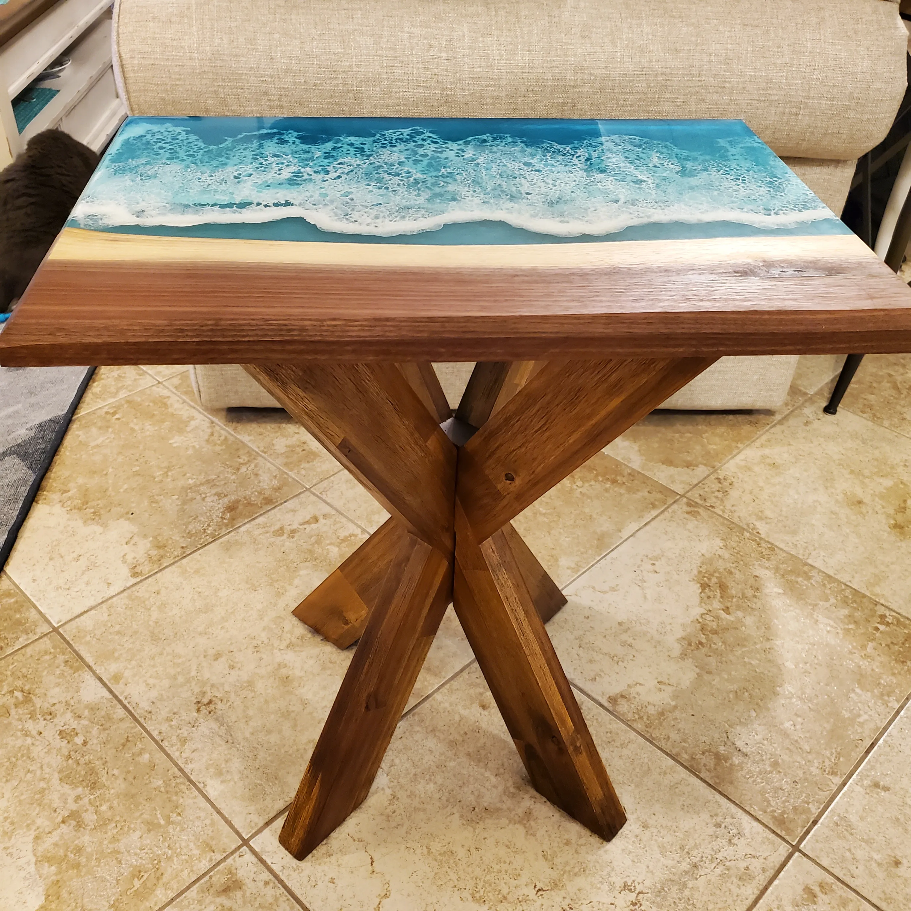 Ocean Wave Walnut Resin Side Table