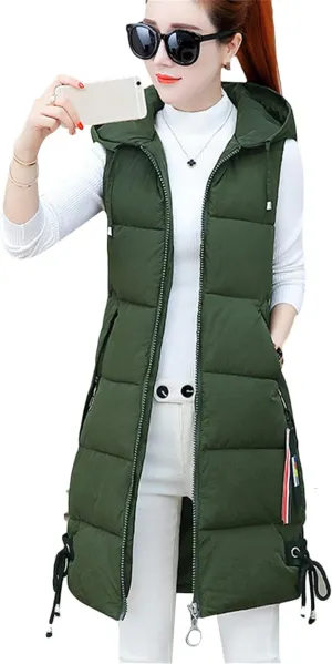 OMZIN Women's Winter Long Puffer Vest Zip up Slim Vest Lightweight Hooded Warm Down Cotton Vest