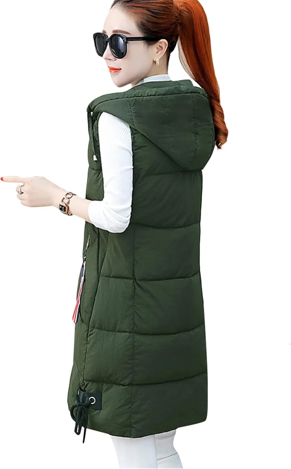 OMZIN Women's Winter Long Puffer Vest Zip up Slim Vest Lightweight Hooded Warm Down Cotton Vest