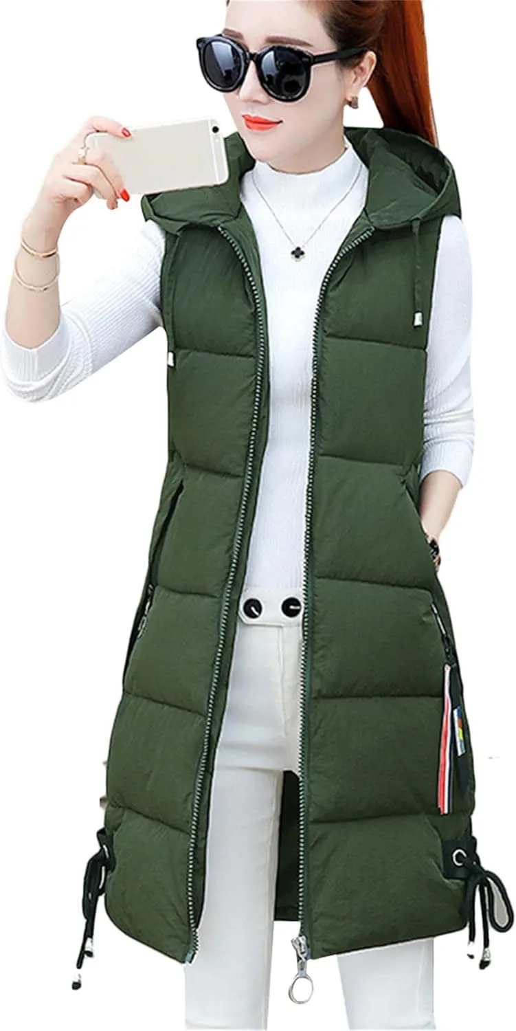 OMZIN Women's Winter Long Puffer Vest Zip up Slim Vest Lightweight Hooded Warm Down Cotton Vest