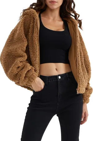 Orolay Women's Fuzzy Fleece Cropped Jacket Fluffy Sherpa Coat Winter Teddy Hoodie with Long Sleeves