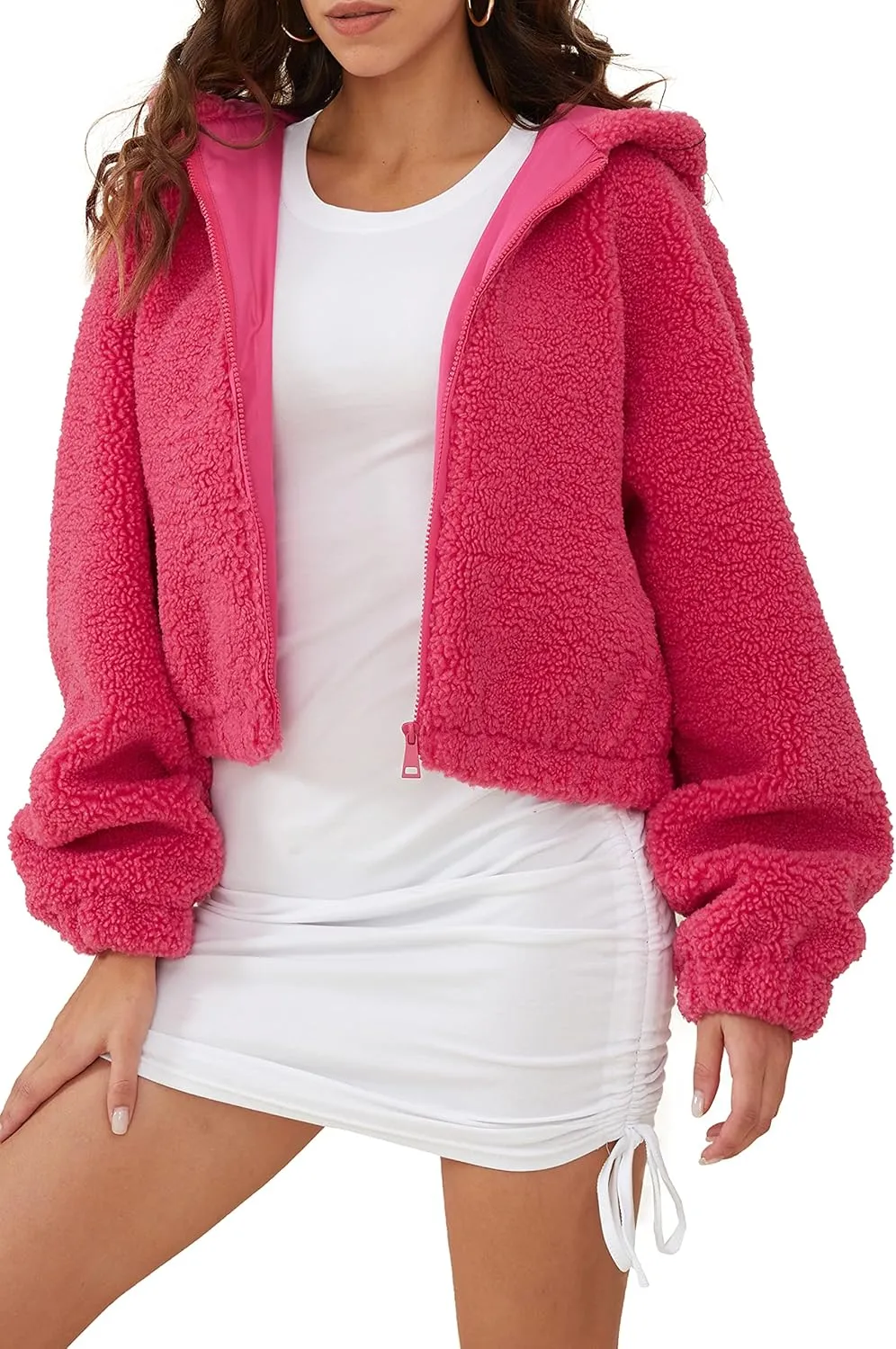 Orolay Women's Fuzzy Fleece Cropped Jacket Fluffy Sherpa Coat Winter Teddy Hoodie with Long Sleeves