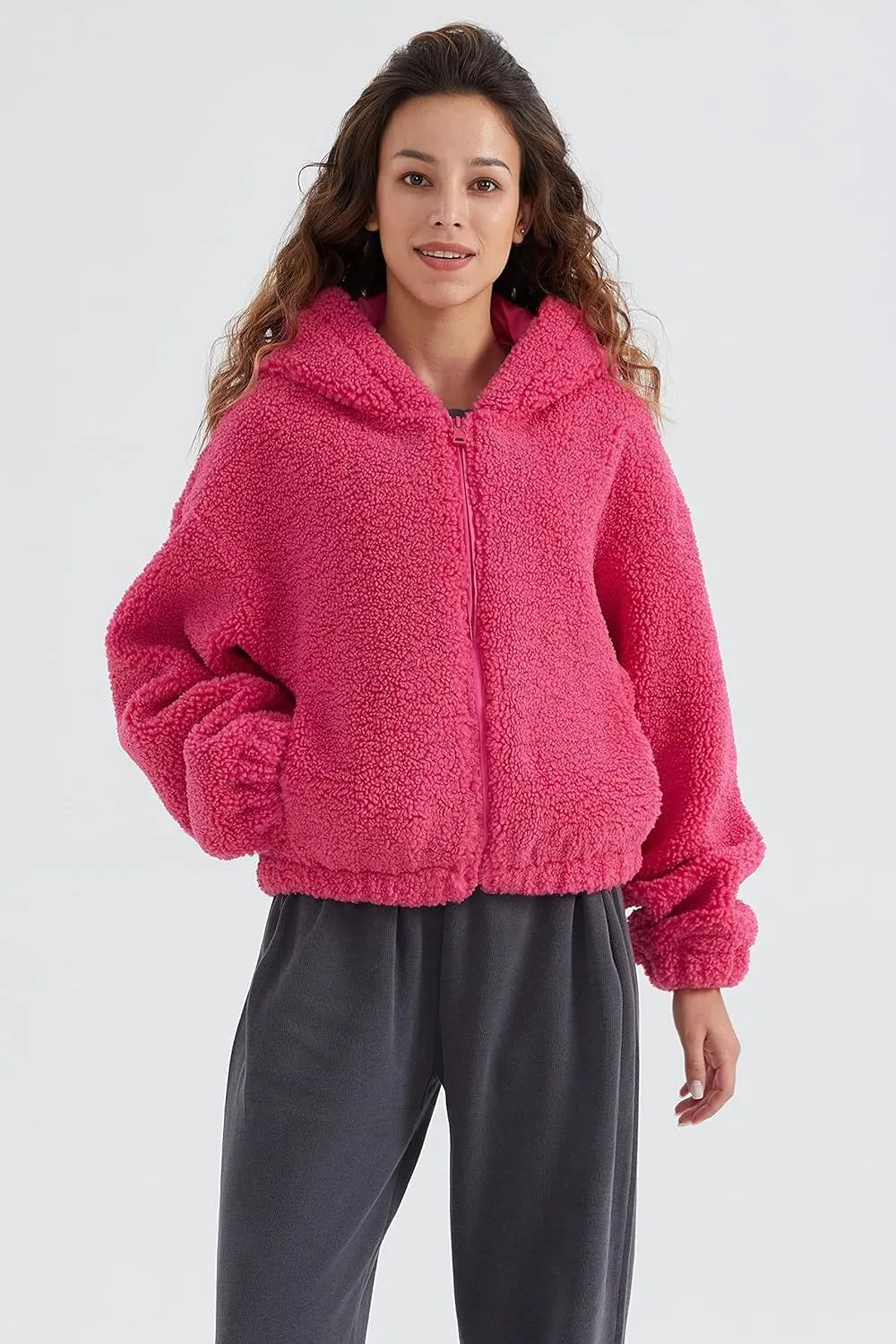 Orolay Women's Fuzzy Fleece Cropped Jacket Fluffy Sherpa Coat Winter Teddy Hoodie with Long Sleeves