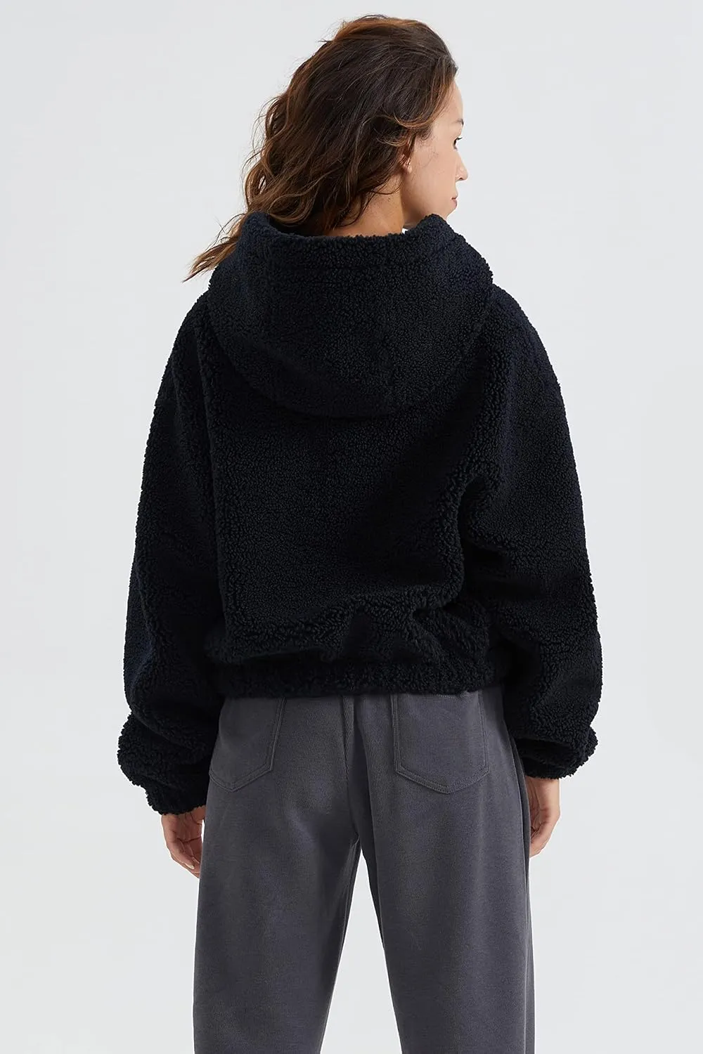 Orolay Women's Fuzzy Fleece Cropped Jacket Fluffy Sherpa Coat Winter Teddy Hoodie with Long Sleeves