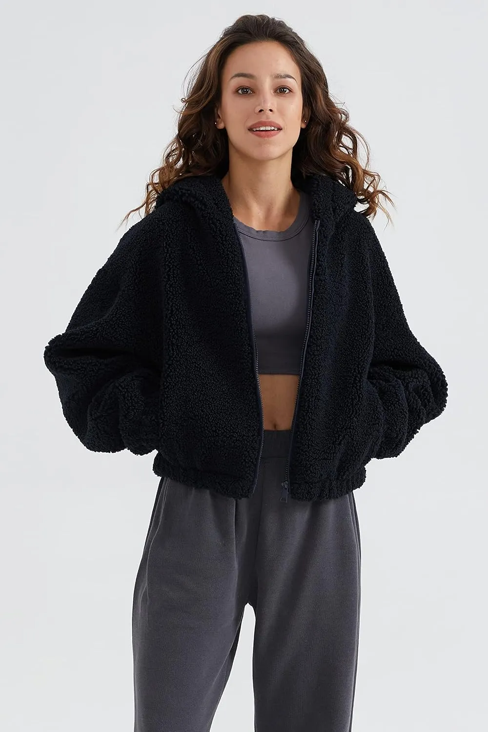 Orolay Women's Fuzzy Fleece Cropped Jacket Fluffy Sherpa Coat Winter Teddy Hoodie with Long Sleeves