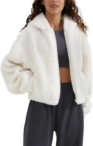 Orolay Women's Fuzzy Fleece Cropped Jacket Fluffy Sherpa Coat Winter Teddy Hoodie with Long Sleeves