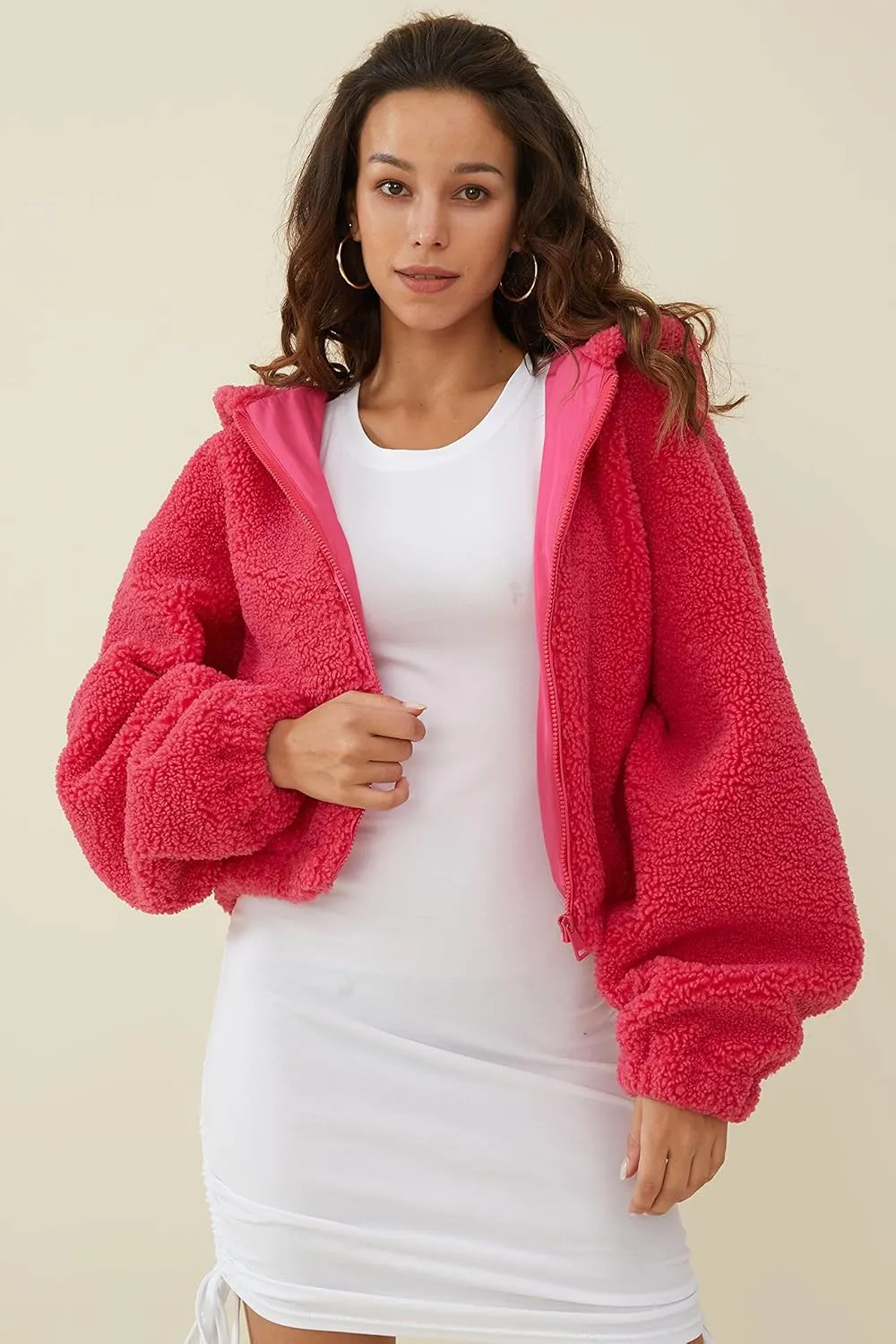 Orolay Women's Fuzzy Fleece Cropped Jacket Fluffy Sherpa Coat Winter Teddy Hoodie with Long Sleeves