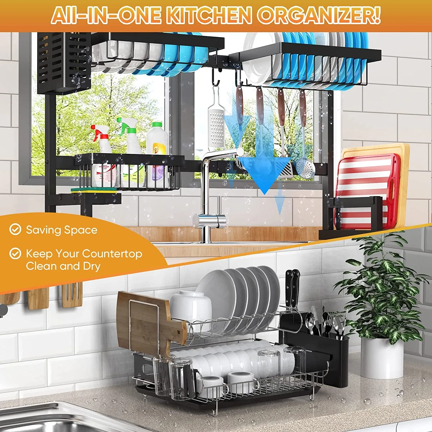 over Sink Dish Drying Rack (26"-38"), Adjustable Large Dish Drainer for Storage Kitchen Counter Organization,