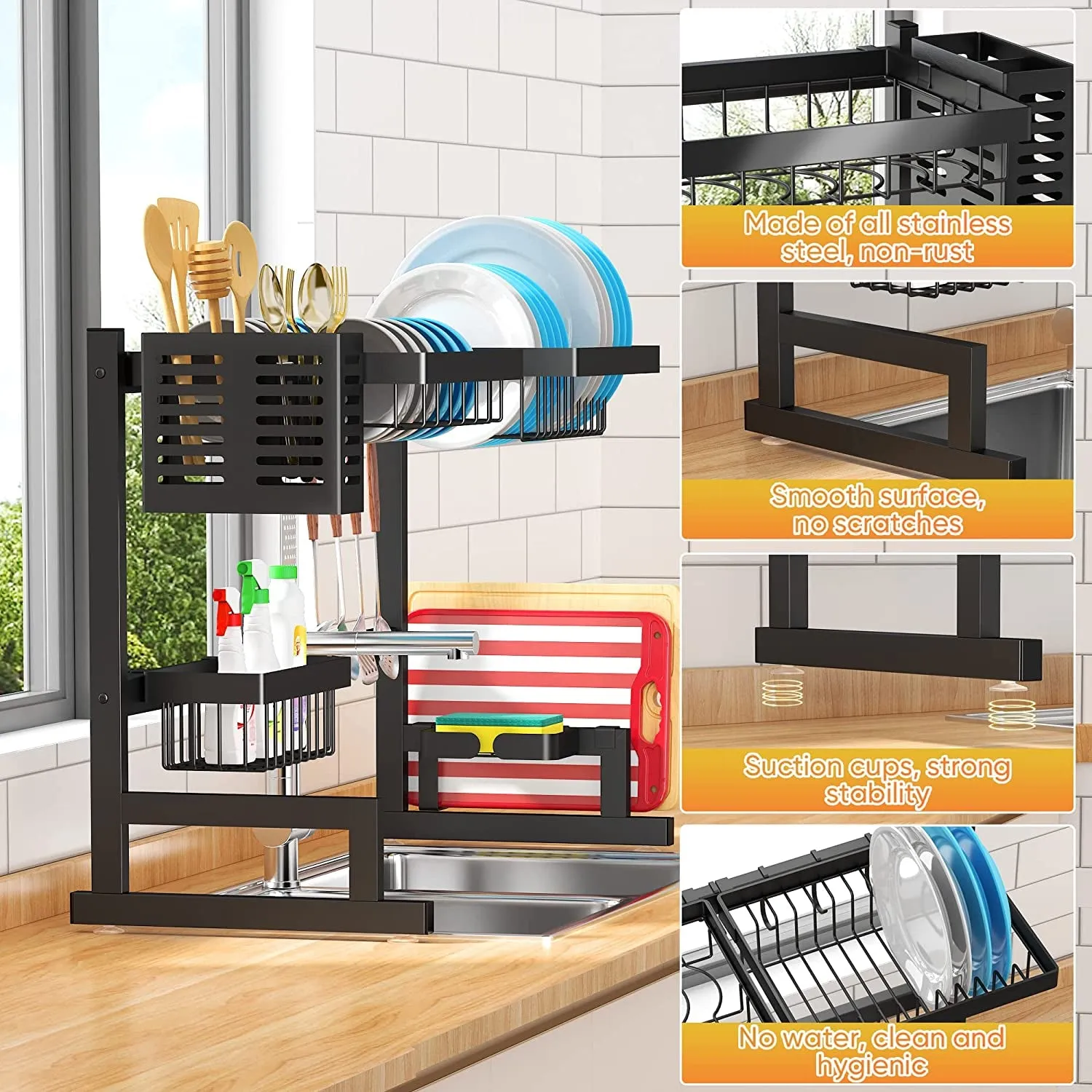 over Sink Dish Drying Rack (26"-38"), Adjustable Large Dish Drainer for Storage Kitchen Counter Organization,