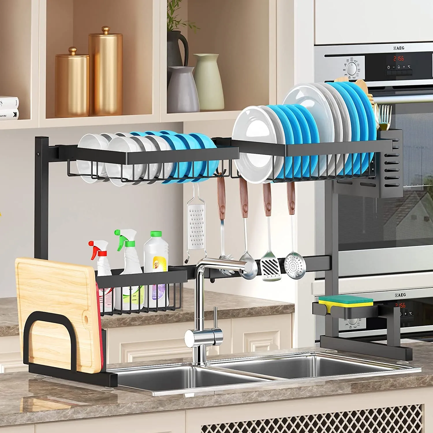over Sink Dish Drying Rack (26"-38"), Adjustable Large Dish Drainer for Storage Kitchen Counter Organization,