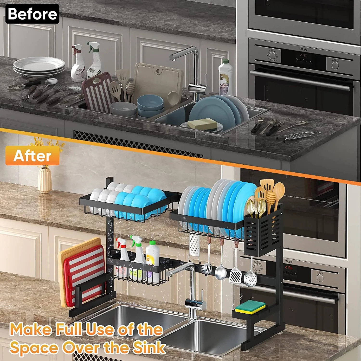 over Sink Dish Drying Rack (26"-38"), Adjustable Large Dish Drainer for Storage Kitchen Counter Organization,