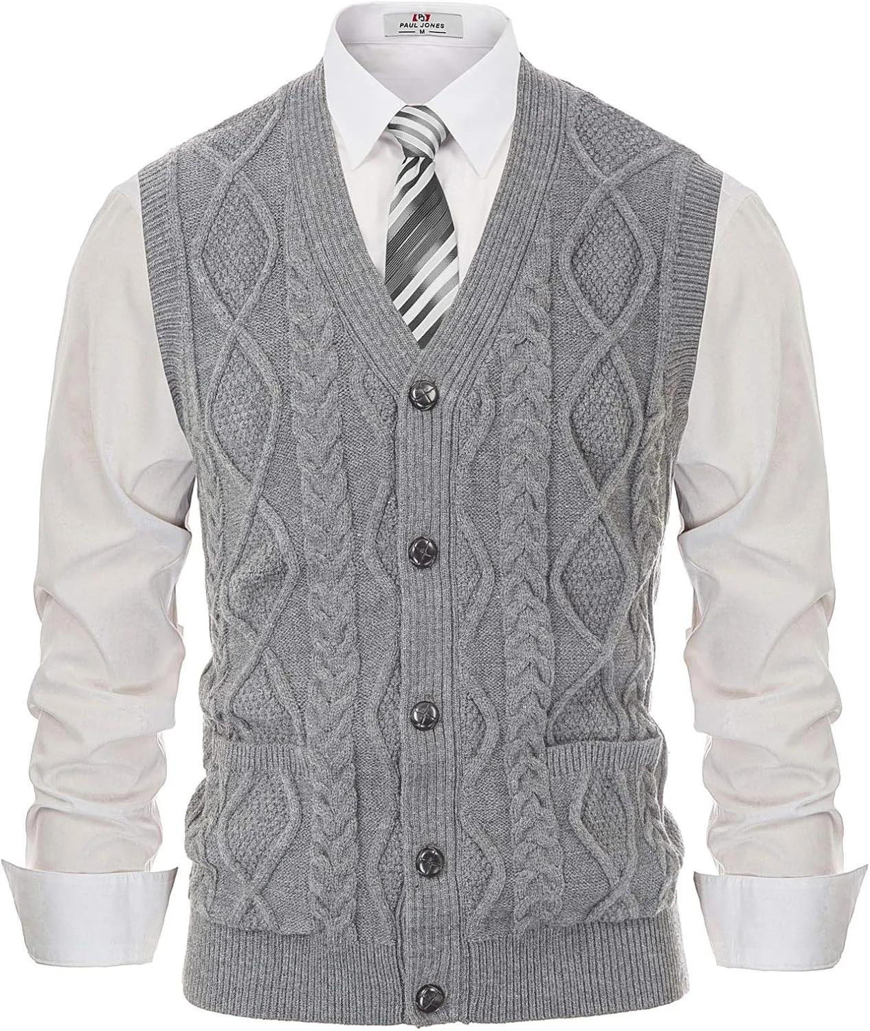 PJ PAUL JONES Men's Sweater Vest V-Neck Sleeveless Cable Knitted Cardigan Vest