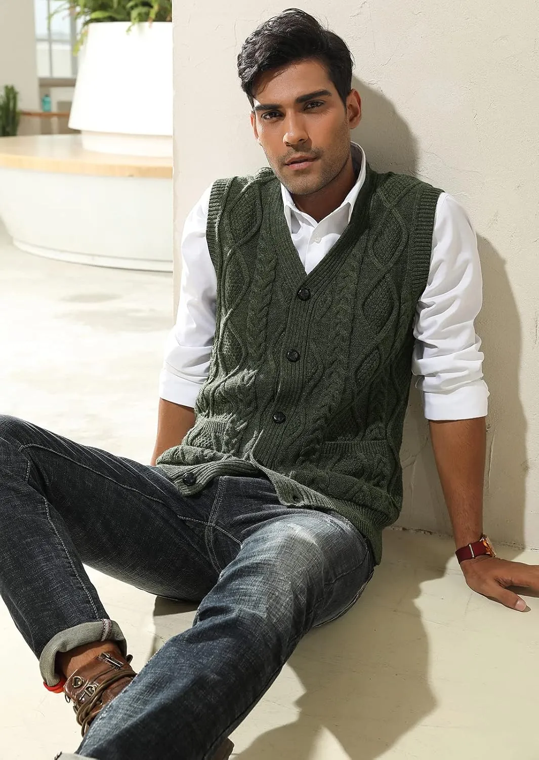 PJ PAUL JONES Men's Sweater Vest V-Neck Sleeveless Cable Knitted Cardigan Vest