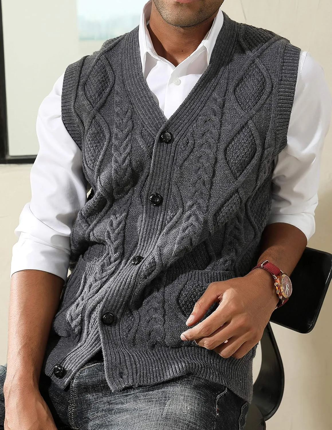 PJ PAUL JONES Men's Sweater Vest V-Neck Sleeveless Cable Knitted Cardigan Vest