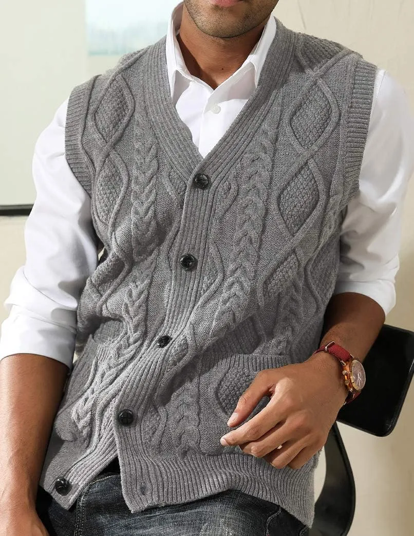 PJ PAUL JONES Men's Sweater Vest V-Neck Sleeveless Cable Knitted Cardigan Vest